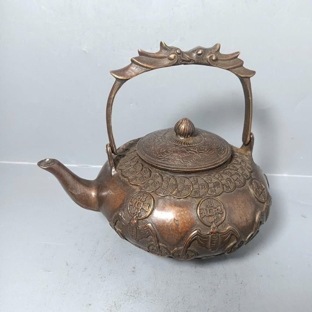  Ấm đồng quai treo chạm nổi Ngũ Phúc Lâm Môn  BKMECN-10175 