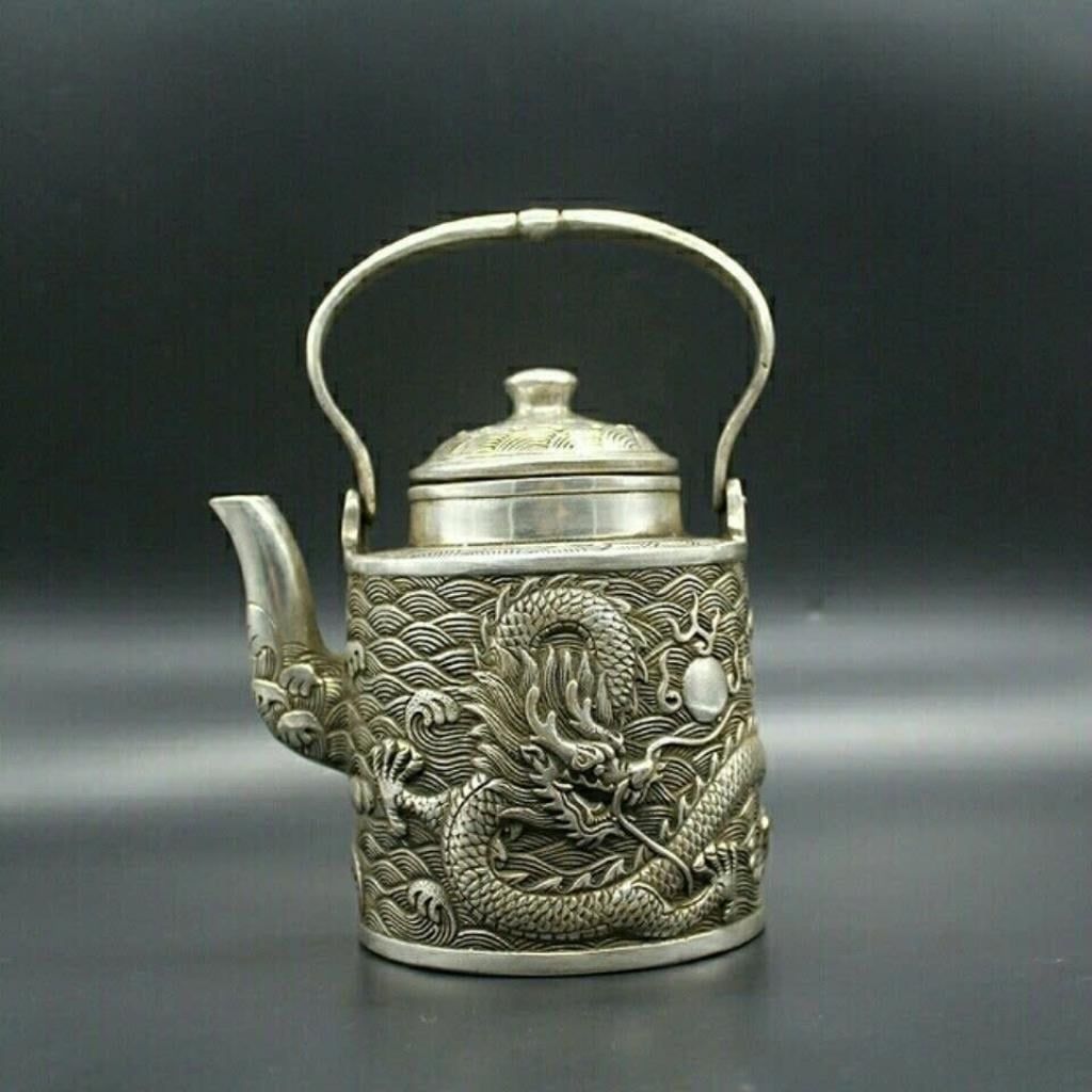  Ấm Đồng Mạ Bạc Quai Treo Chạm Nổi Thanh Long Hải Triều BKMECN-10176 