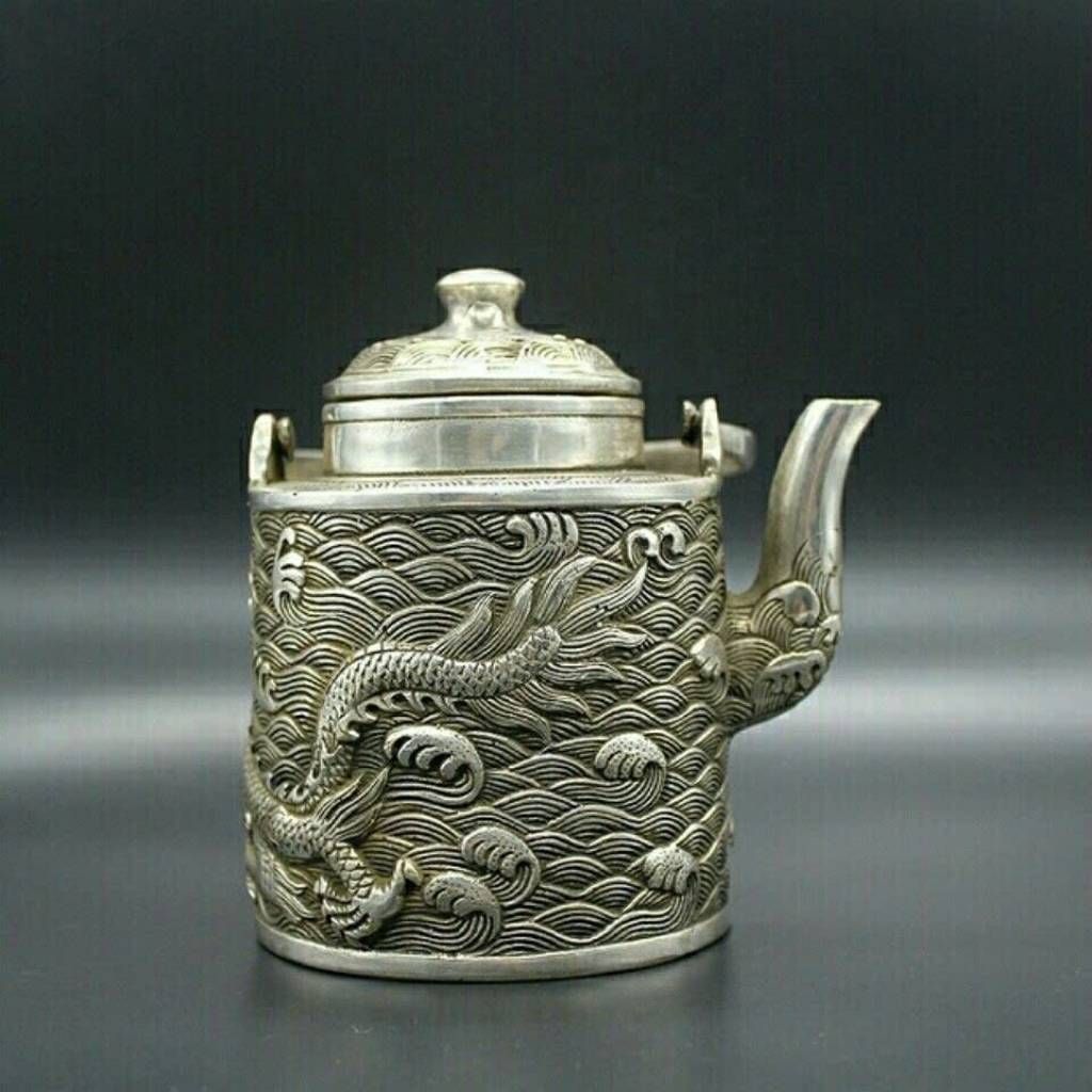  Ấm Đồng Mạ Bạc Quai Treo Chạm Nổi Thanh Long Hải Triều BKMECN-10176 