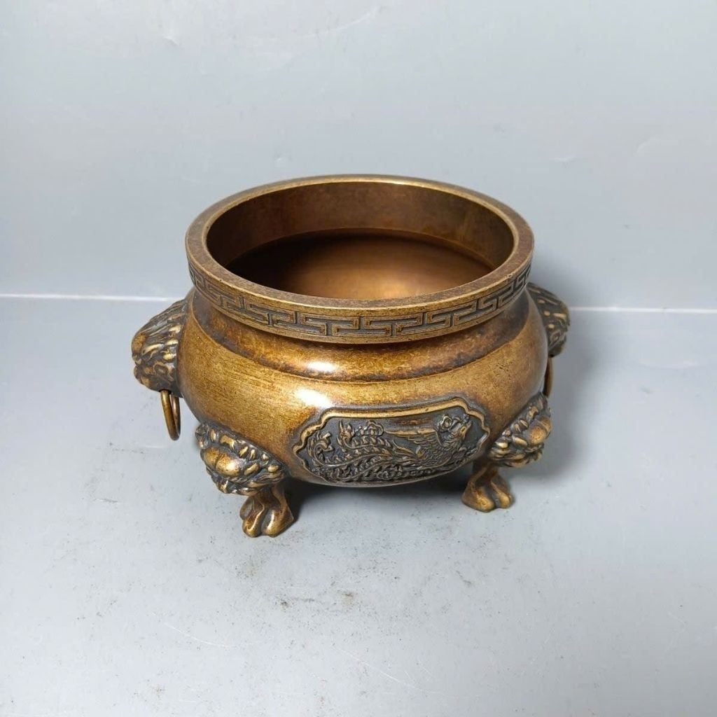  Lư Xông Trầm Đồng Tam Túc Chạm Nổi Song Phượng Cát Tường BKMECN-10182 
