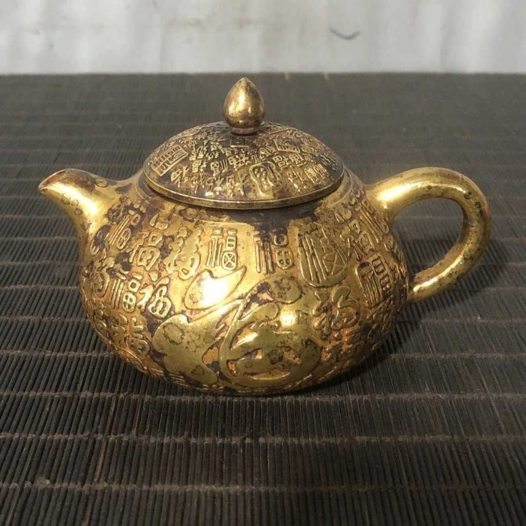  Ấm Đồng Mạ Vàng Giả Cổ Chạm Nổi Bách Phúc Cát Tường BKMECN-10184 