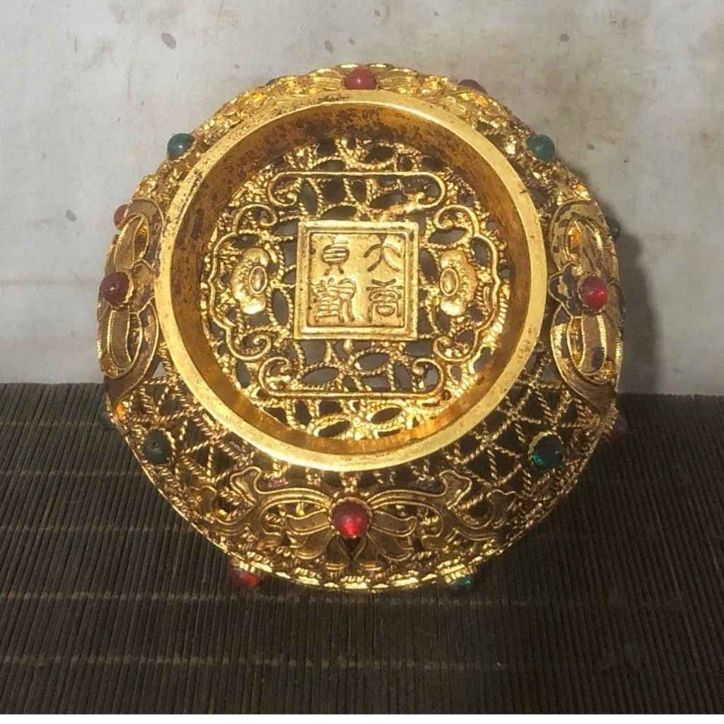  Tráp Đồng Mạ Vàng Thúc Nổi Hoa Văn Lưới Khảm Ngọc Quý Hoàng Gia BKMECN-10185 