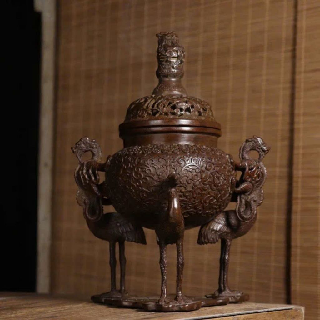  Lư Xông Trầm Đồng Cổ Ba Chân Hạc Tạc Nổi Song Long Chầu Nguyệt BKMECN-10188 