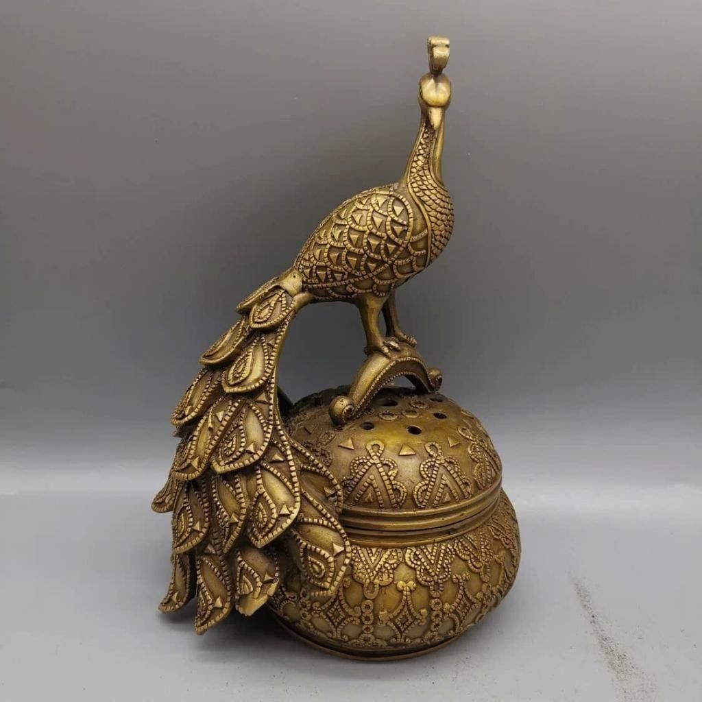  Lư xông trầm đồng cổ chạm thúc hoa văn gấm núm nắp Khổng Tước cát tường BKMECN-10189 
