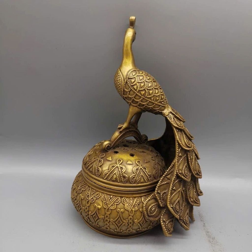  Lư xông trầm đồng cổ chạm thúc hoa văn gấm núm nắp Khổng Tước cát tường BKMECN-10189 