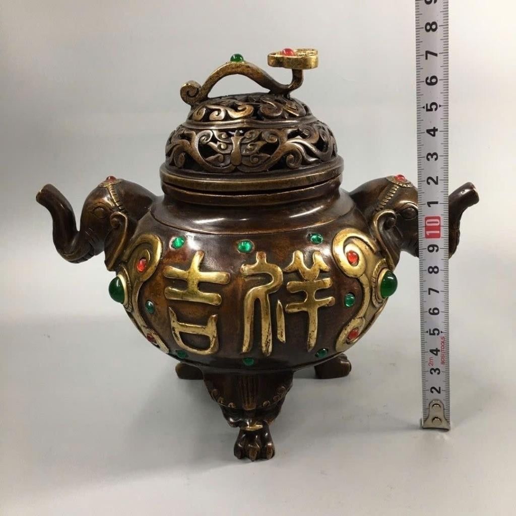  Lư xông trầm bằng đồng hai tai voi khắc chữ Như Ý BKMECN-10196 