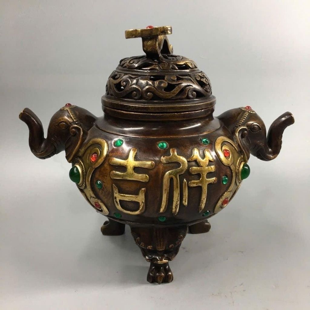  Lư xông trầm bằng đồng hai tai voi khắc chữ Như Ý BKMECN-10196 