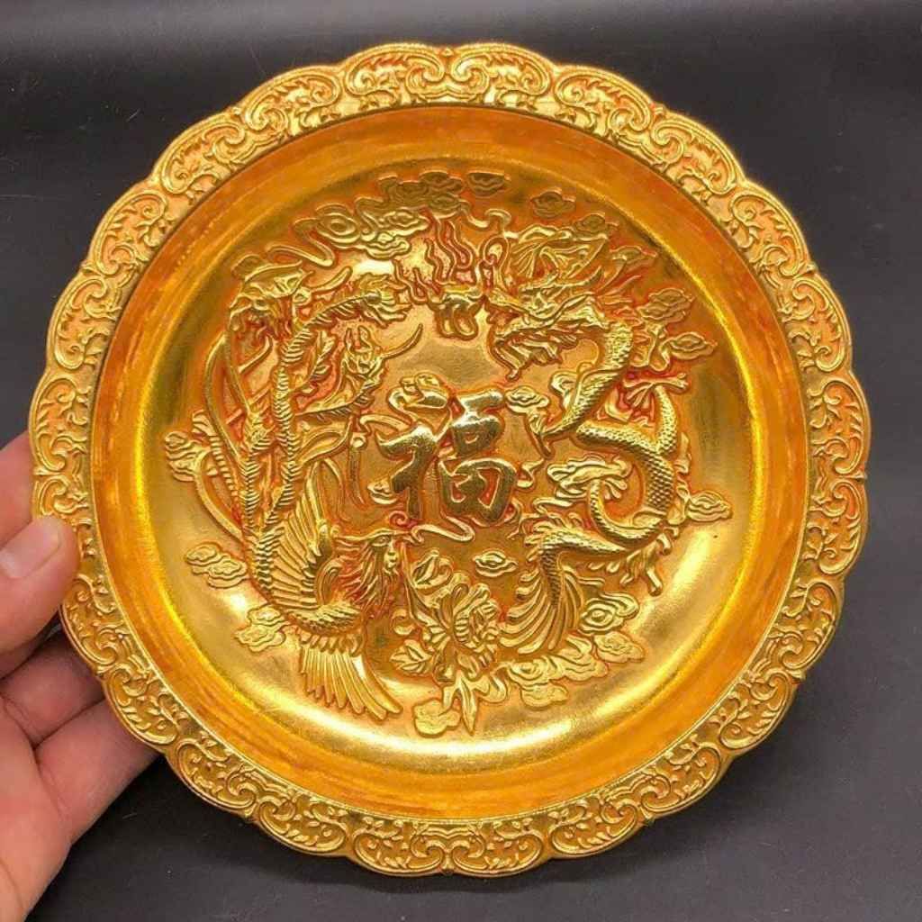  Đĩa Đồng Long Phụng Trình Tường Dát Vàng Chữ Phúc BKMECN-10201 