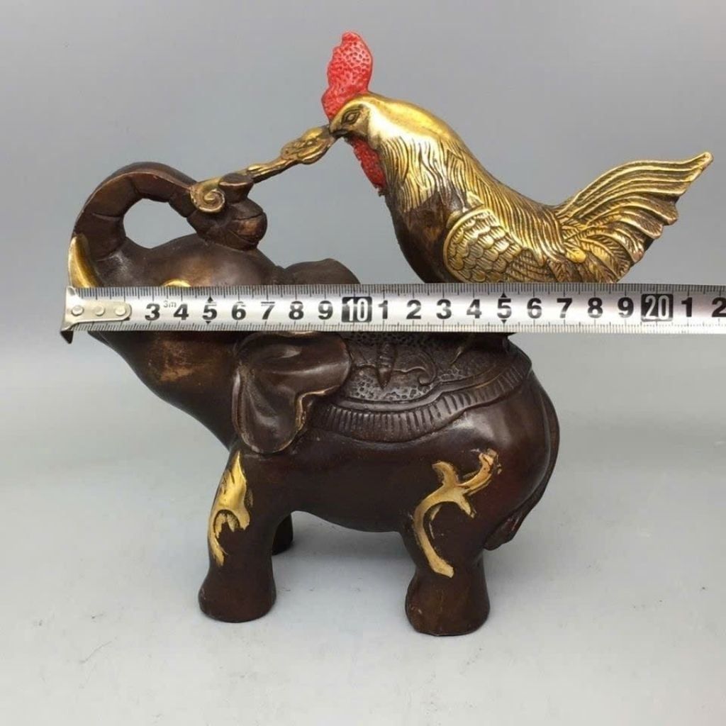  Tượng Đồng Kim Kê Cưỡi Voi Phong Thủy Dát Vàng BKMECN-10206 