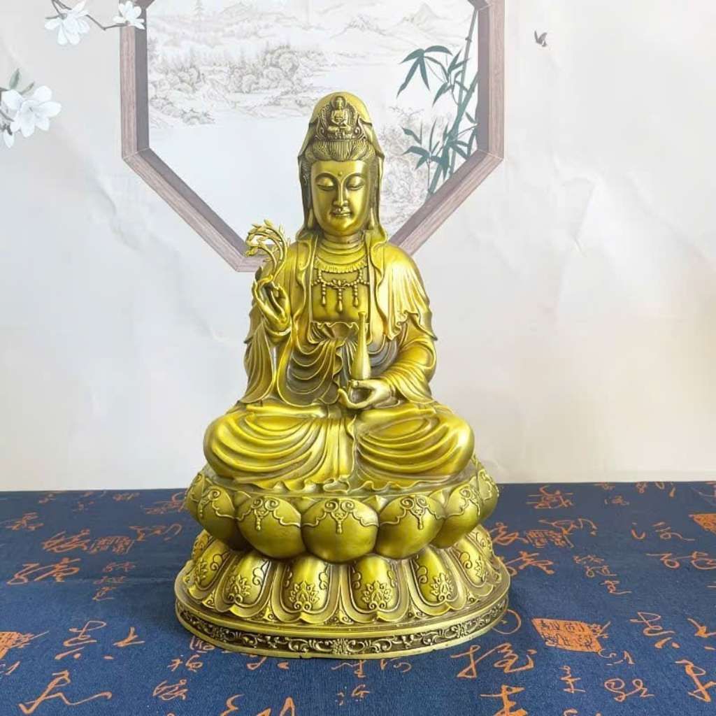  Tượng Phật Bà Quan Âm Bằng Đồng Vàng Tọa Đài Sen BKMECN-10207 