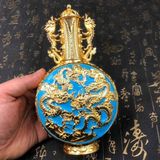  Bình Hồ Lô Bằng Đồng Mạ Vàng Chạm Nổi Song Long Hải Thủy BKMECN-10213 