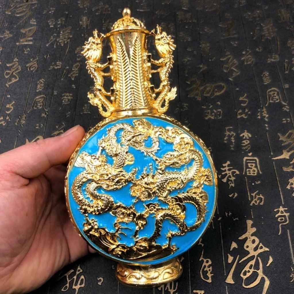  Bình Hồ Lô Bằng Đồng Mạ Vàng Chạm Nổi Song Long Hải Thủy BKMECN-10213 
