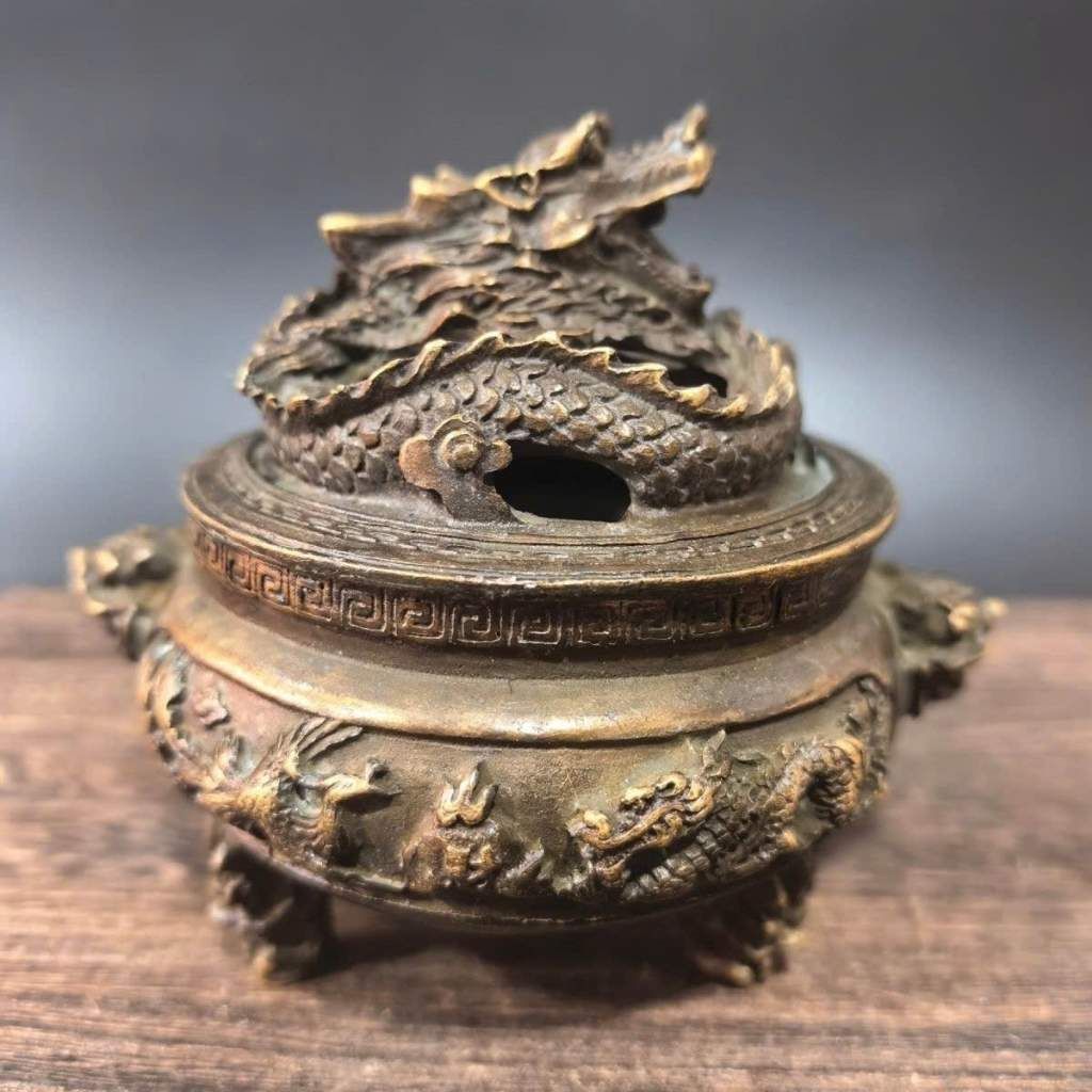  Lư Xông Trầm Bằng Đồng Chạm Nổi Lưỡng Long Chầu Nguyệt BKMECN-10218 