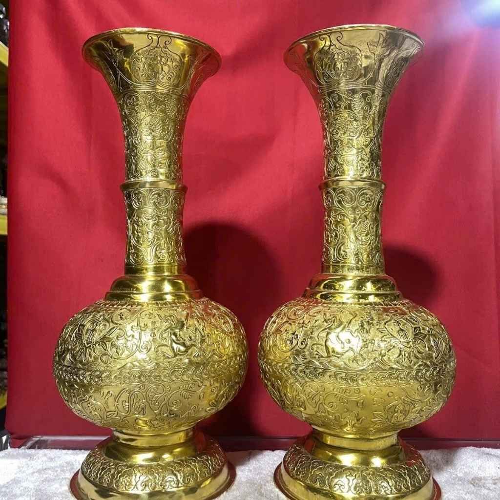  Bình Đồng Vàng Phong Thủy Chạm Khắc Hoa Văn Triện Cổ BKMECN-10221 