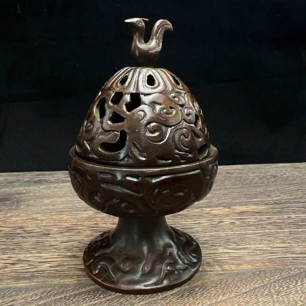  Lư Xông Trầm Bằng Đồng Dáng Cao Nắp Chạm Thủng Hình Chim Phượng  BKMECN-10229 