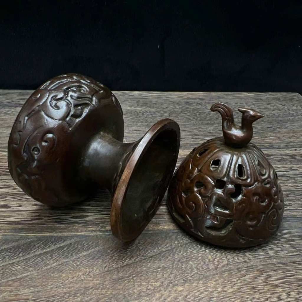  Lư Xông Trầm Bằng Đồng Dáng Cao Nắp Chạm Thủng Hình Chim Phượng  BKMECN-10229 