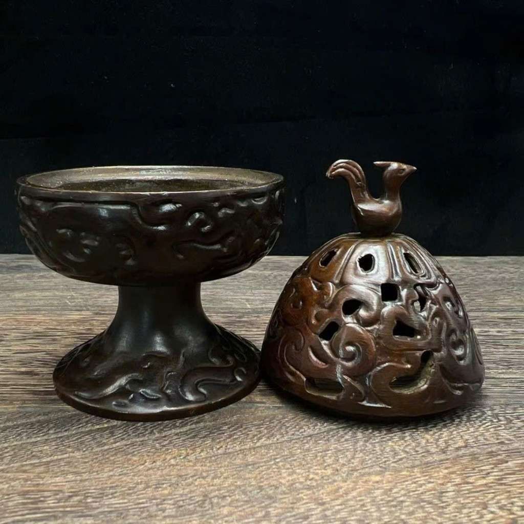  Lư Xông Trầm Bằng Đồng Dáng Cao Nắp Chạm Thủng Hình Chim Phượng  BKMECN-10229 