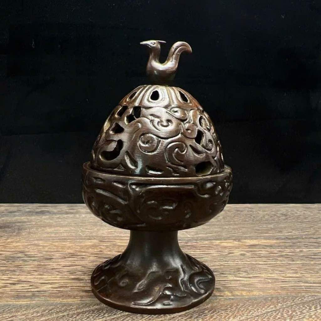  Lư Xông Trầm Bằng Đồng Dáng Cao Nắp Chạm Thủng Hình Chim Phượng  BKMECN-10229 
