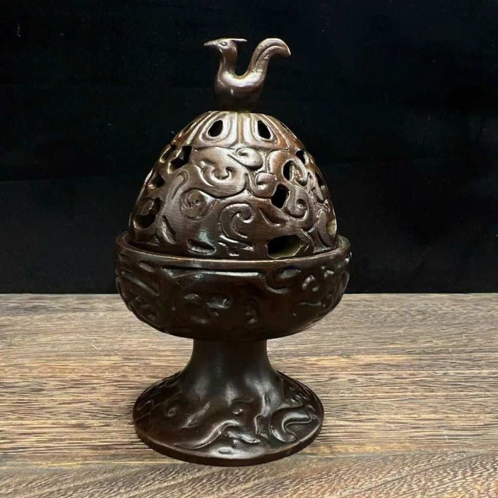  Lư Xông Trầm Bằng Đồng Dáng Cao Nắp Chạm Thủng Hình Chim Phượng  BKMECN-10229 