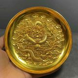  Đĩa Đồng Phong Thủy Chạm Nổi Hình Rồng Cuộn Dát Vàng Tài Lộc BKMECN-10234 