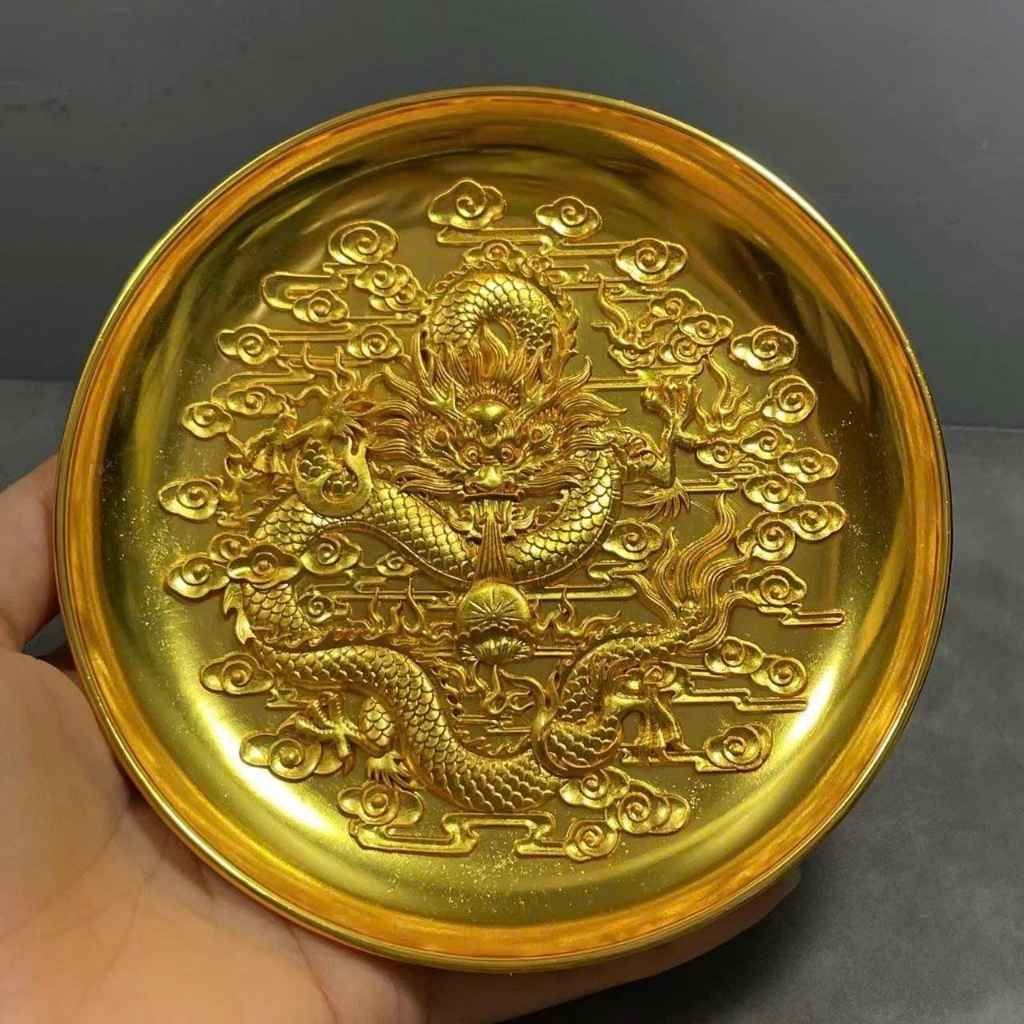  Đĩa Đồng Phong Thủy Chạm Nổi Hình Rồng Cuộn Dát Vàng Tài Lộc BKMECN-10234 