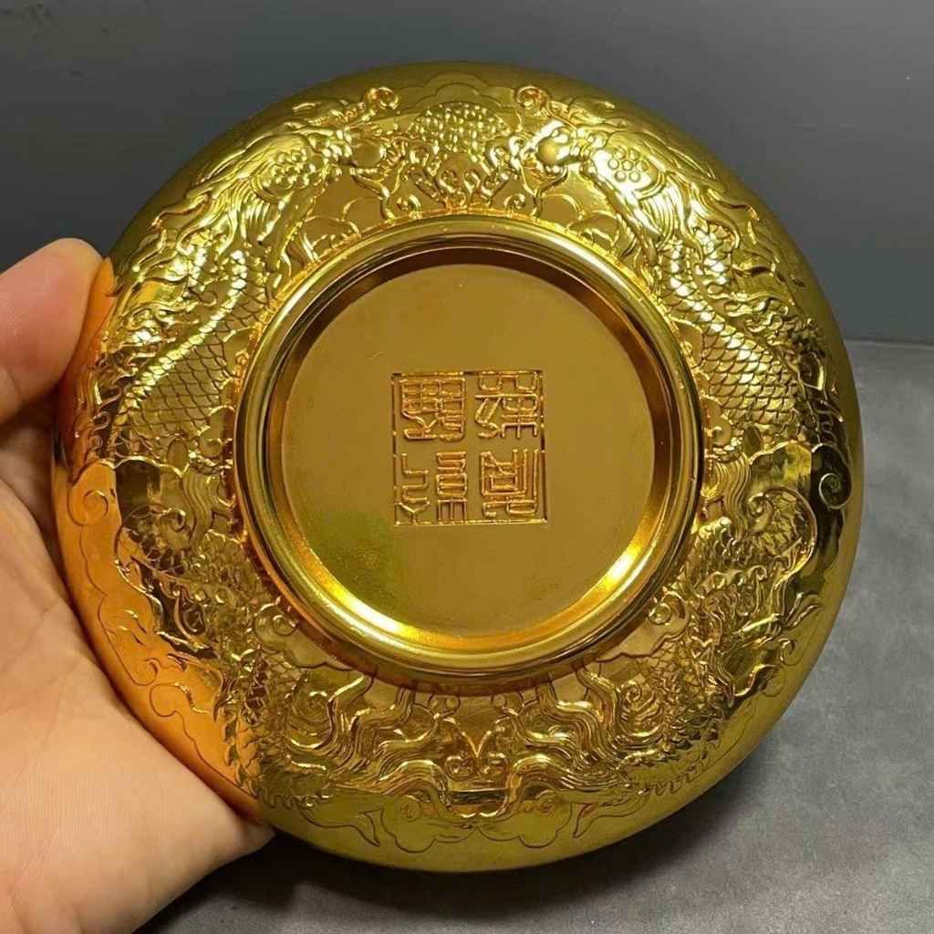  Đĩa Đồng Phong Thủy Chạm Nổi Hình Rồng Cuộn Dát Vàng Tài Lộc BKMECN-10234 