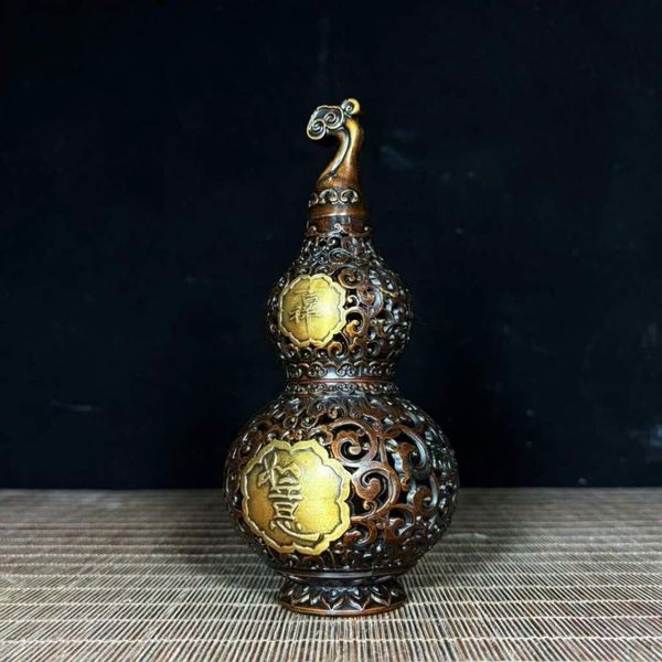  Hồ Lô Xông Trầm Bằng Đồng Chạm Thủng Khảm Chữ Triện Dát Vàng BKMECN-10239 