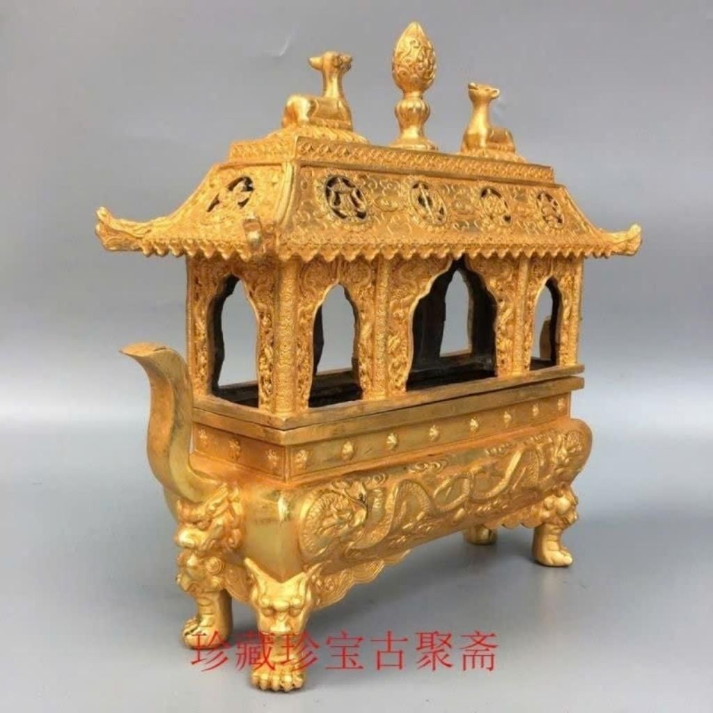  Lư xông trầm bằng đồng dát vàng dáng lầu cổ uy nghiêm BKMECN-10249 