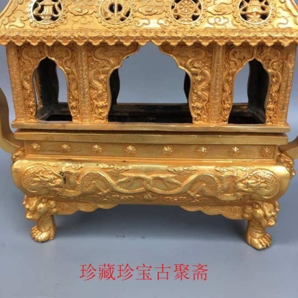  Lư xông trầm bằng đồng dát vàng dáng lầu cổ uy nghiêm BKMECN-10249 
