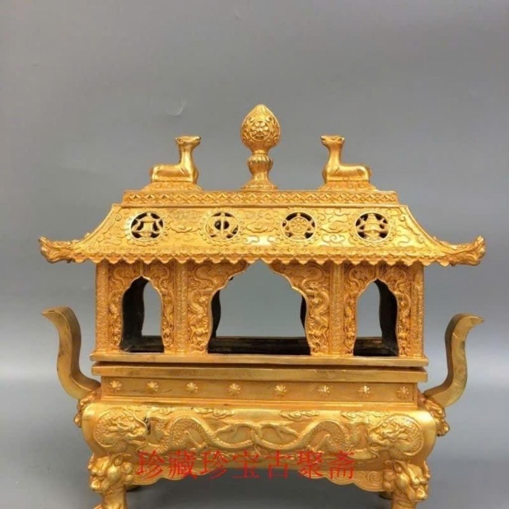  Lư xông trầm bằng đồng dát vàng dáng lầu cổ uy nghiêm BKMECN-10249 