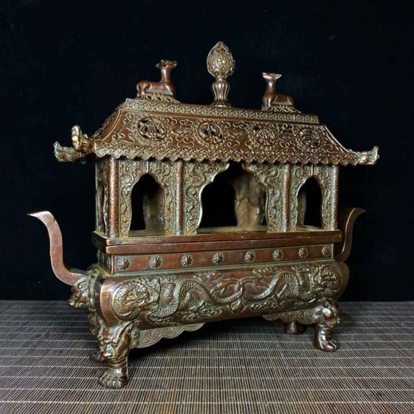  Lư Xông Trầm Bằng Đồng Dáng Lầu Cổ Chạm Song Long BKMECN-10250 