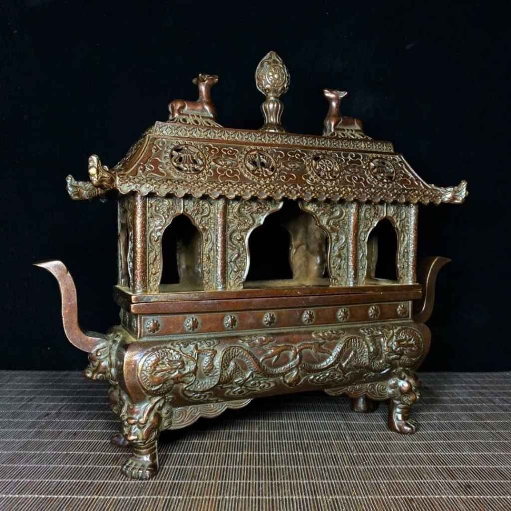 Lư Xông Trầm Bằng Đồng Dáng Lầu Cổ Chạm Song Long BKMECN-10250 