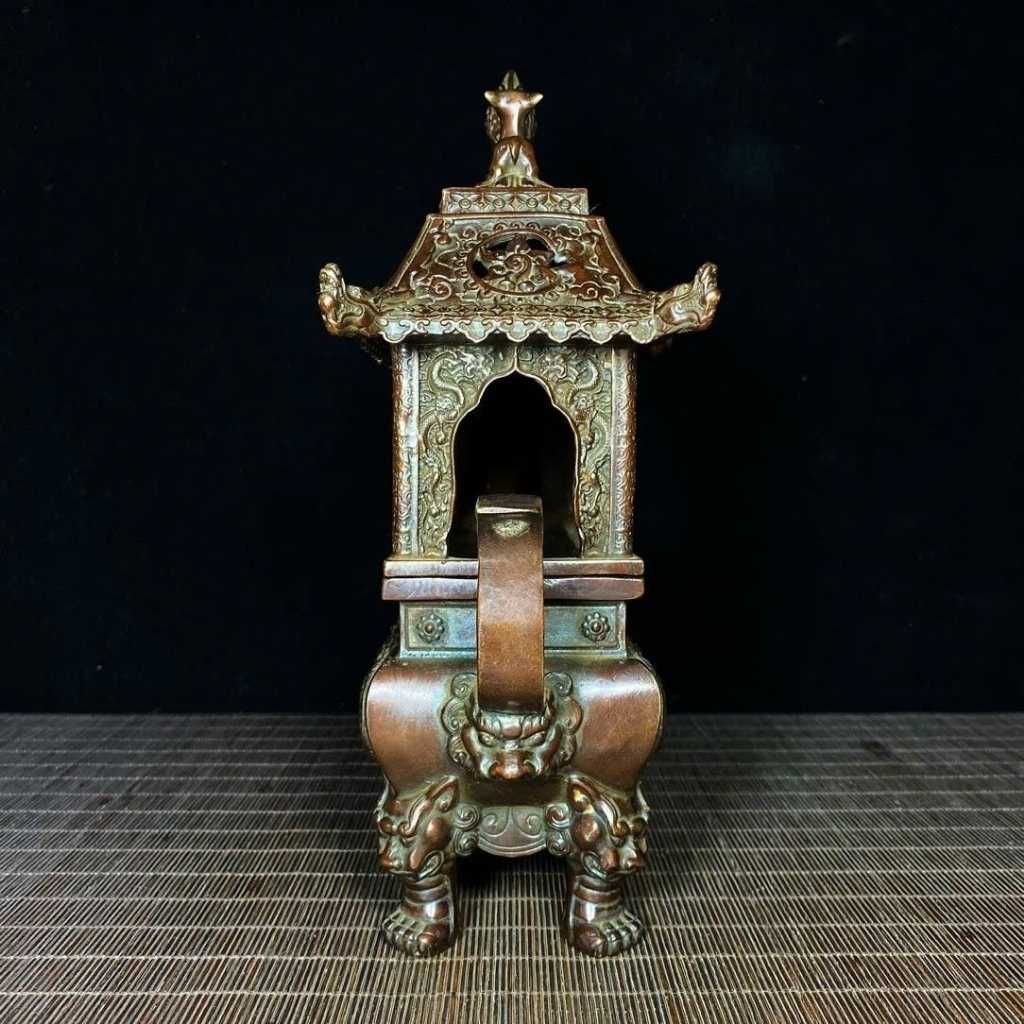  Lư Xông Trầm Bằng Đồng Dáng Lầu Cổ Chạm Song Long BKMECN-10250 