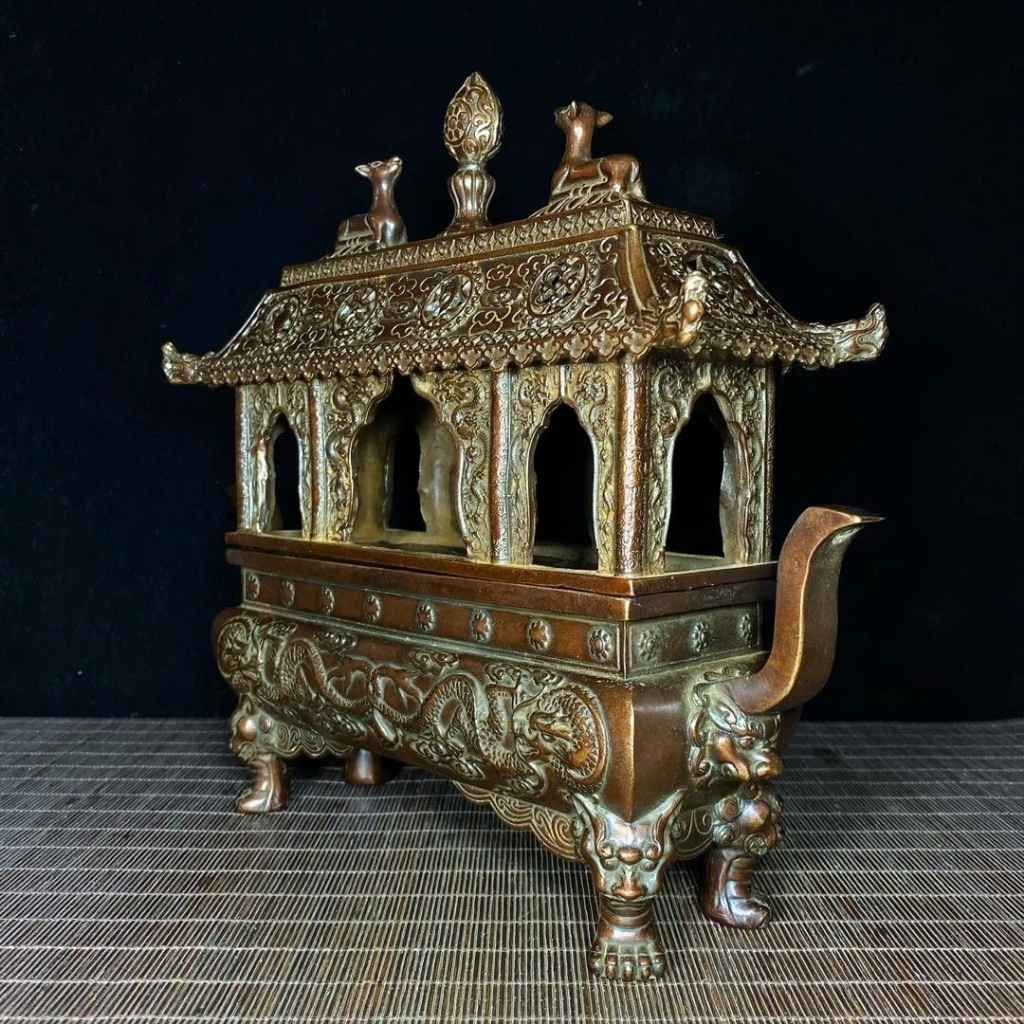  Lư Xông Trầm Bằng Đồng Dáng Lầu Cổ Chạm Song Long BKMECN-10250 