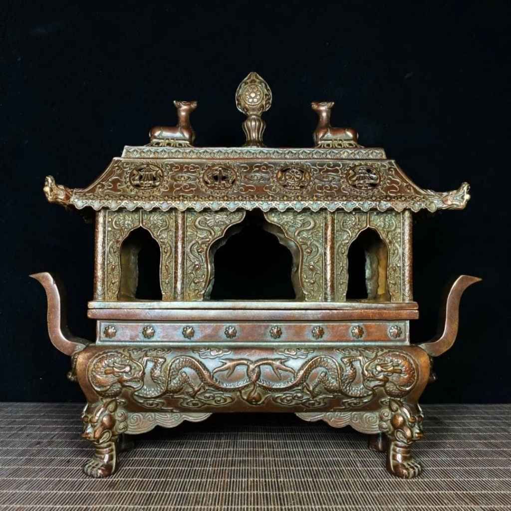  Lư Xông Trầm Bằng Đồng Dáng Lầu Cổ Chạm Song Long BKMECN-10250 
