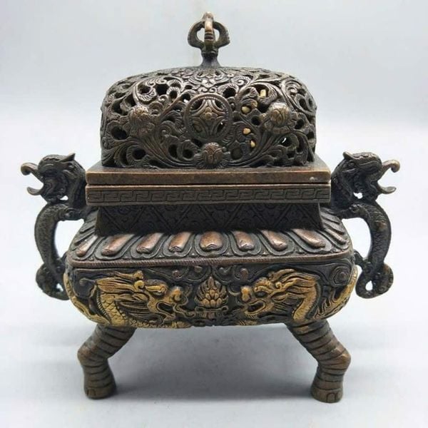  Lư Xông Trầm Tứ Túc Song Long Bằng Đồng Hun Giả Cổ BKMECN-10258 