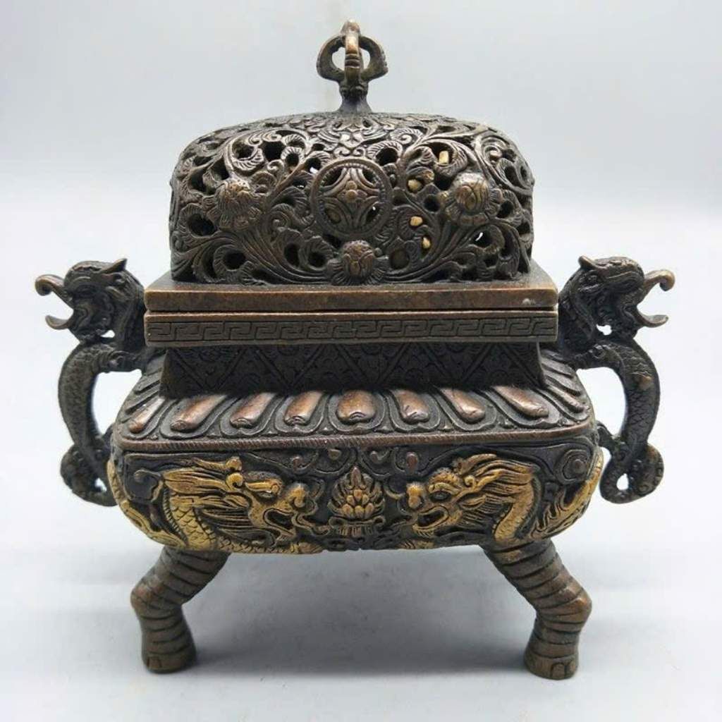  Lư Xông Trầm Tứ Túc Song Long Bằng Đồng Hun Giả Cổ BKMECN-10258 