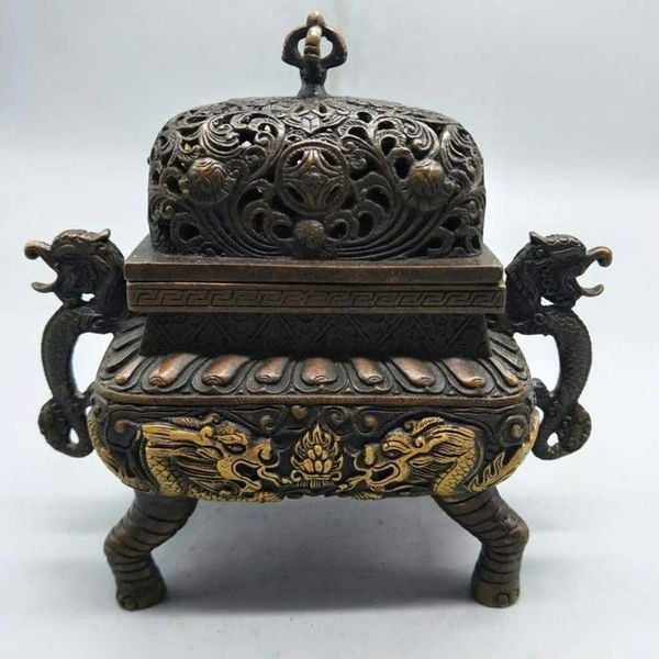  Lư Xông Trầm Tứ Túc Song Long Bằng Đồng Hun Giả Cổ BKMECN-10258 