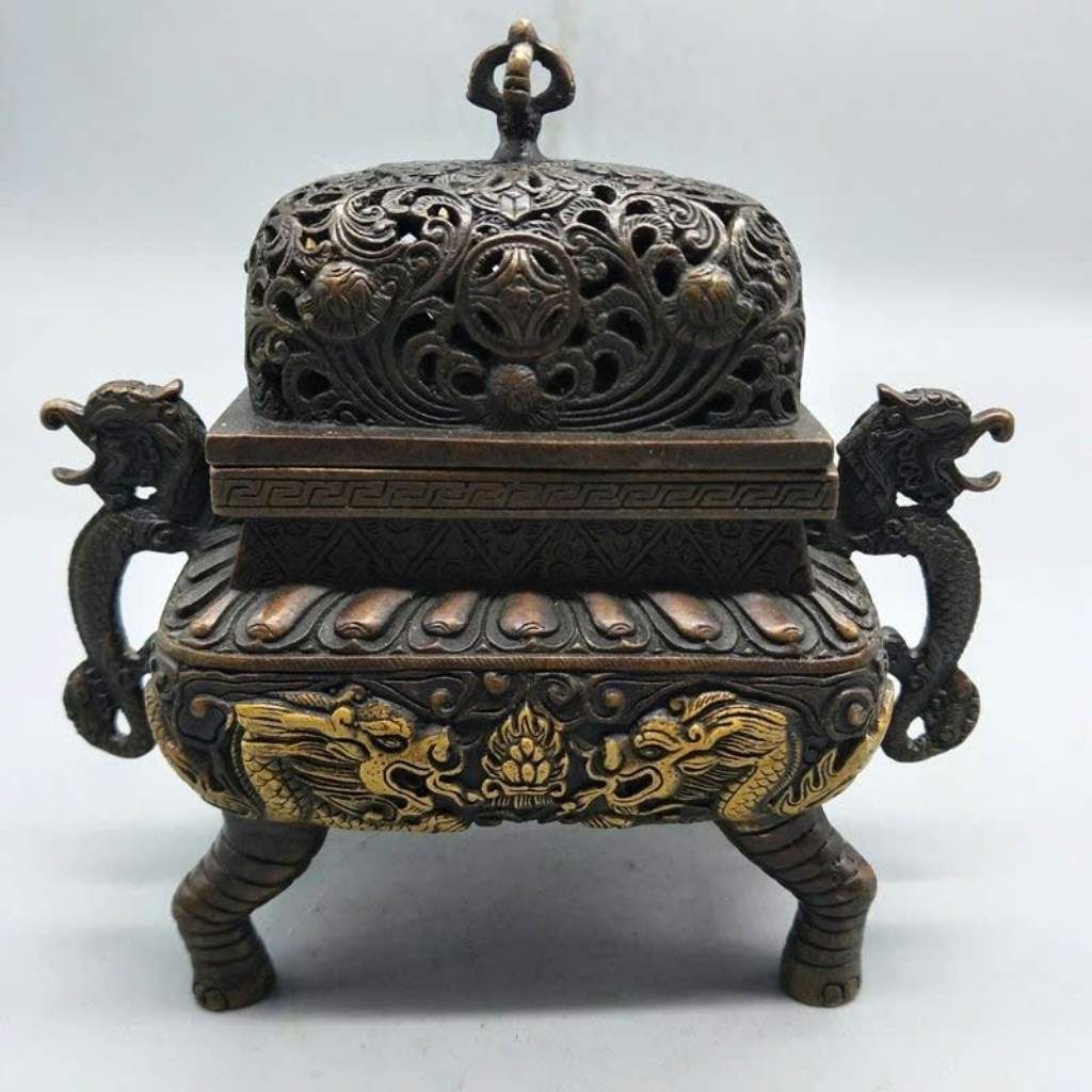  Lư Xông Trầm Tứ Túc Song Long Bằng Đồng Hun Giả Cổ BKMECN-10258 