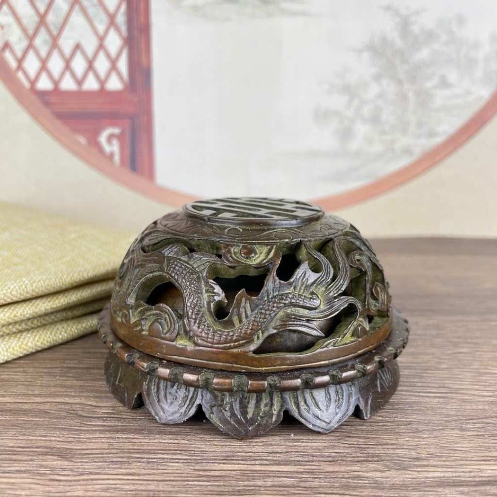  Lư Xông Trầm Bằng Đồng Giả Cổ Nắp Rồng Chạm Thủng BKMECN-10265 