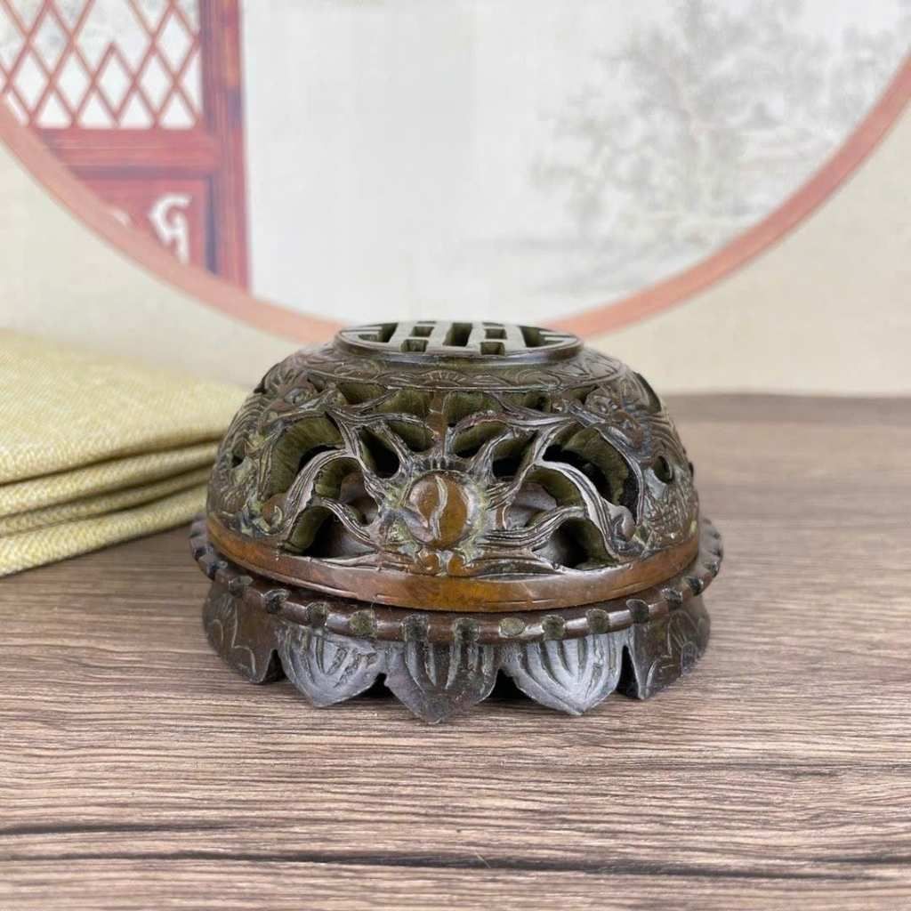  Lư Xông Trầm Bằng Đồng Giả Cổ Nắp Rồng Chạm Thủng BKMECN-10265 