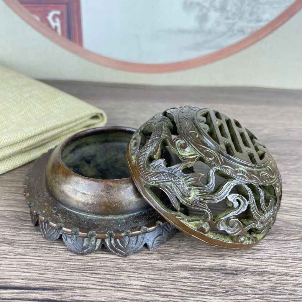  Lư Xông Trầm Bằng Đồng Giả Cổ Nắp Rồng Chạm Thủng BKMECN-10265 