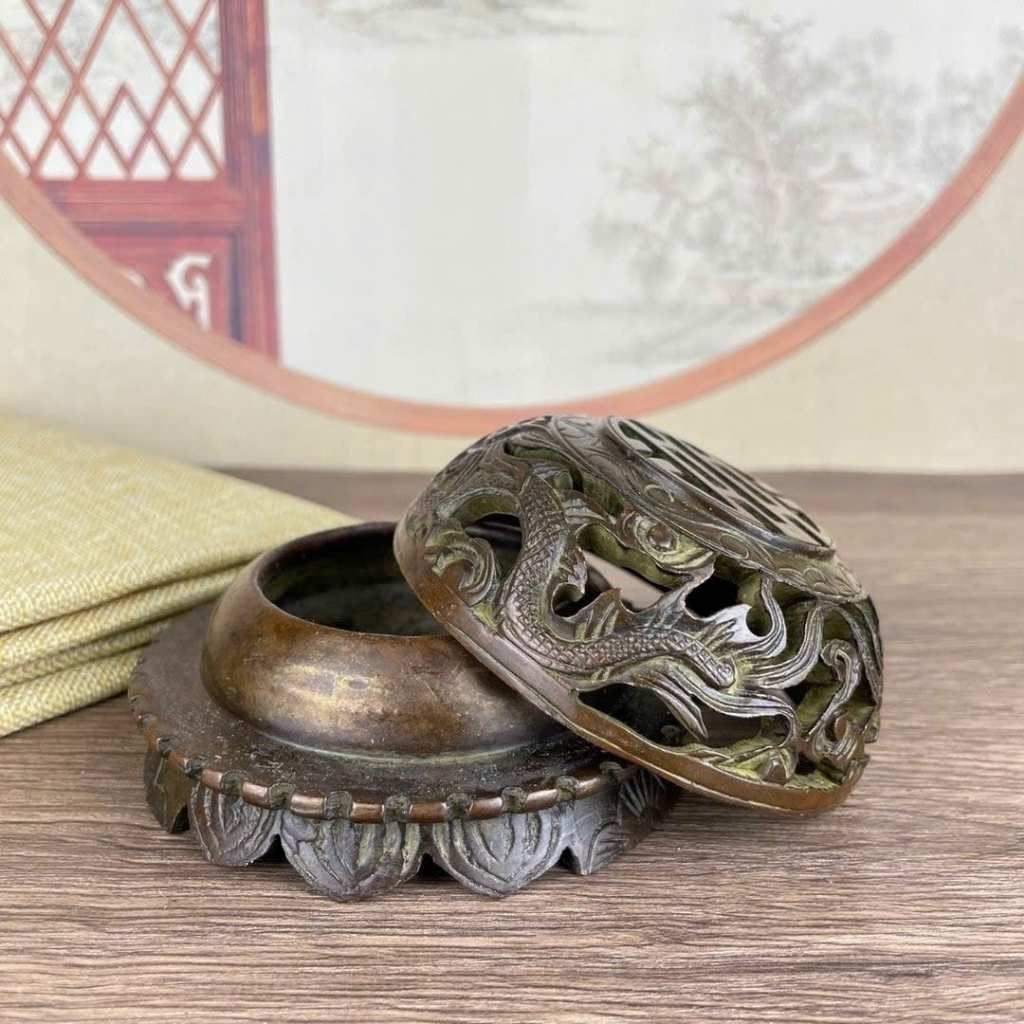  Lư Xông Trầm Bằng Đồng Giả Cổ Nắp Rồng Chạm Thủng BKMECN-10265 