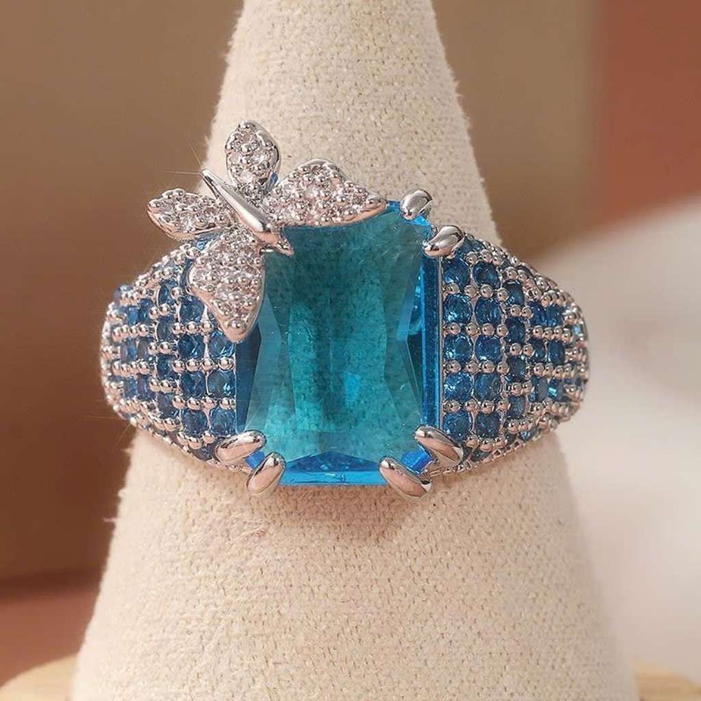 Nhẫn Bạc Đính Đá Topaz Xanh Đính Bướm Xinh Xắn BKMECN-10266 