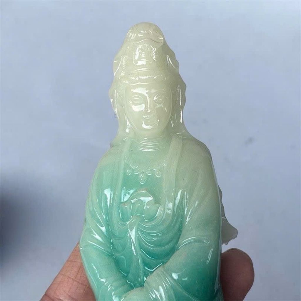  Tượng Phật Quan Thế Âm Bồ Tát Ngọc Xanh Tạc Đài Sen BKMECN-10267 