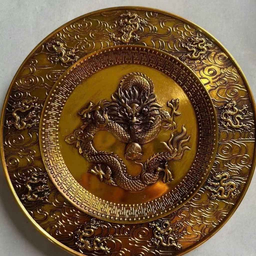  Đĩa Thưởng Chạm Rồng Bằng Đồng Mạ Vàng Phong Thủy BKMECN-10269 