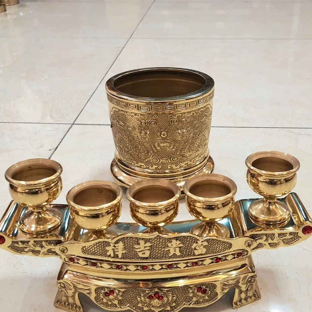  Bộ Đồ Thờ Bằng Đồng Mạ Vàng Trang Trí Bàn Thờ Phật Gia Tiên BKMECN-10275 