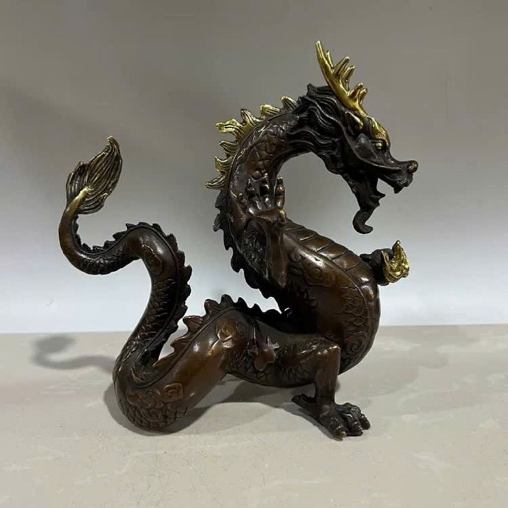  Tượng Đồng Rồng Phong Thủy Giả Cổ Dát Vàng Điểm BKMECN-10284 