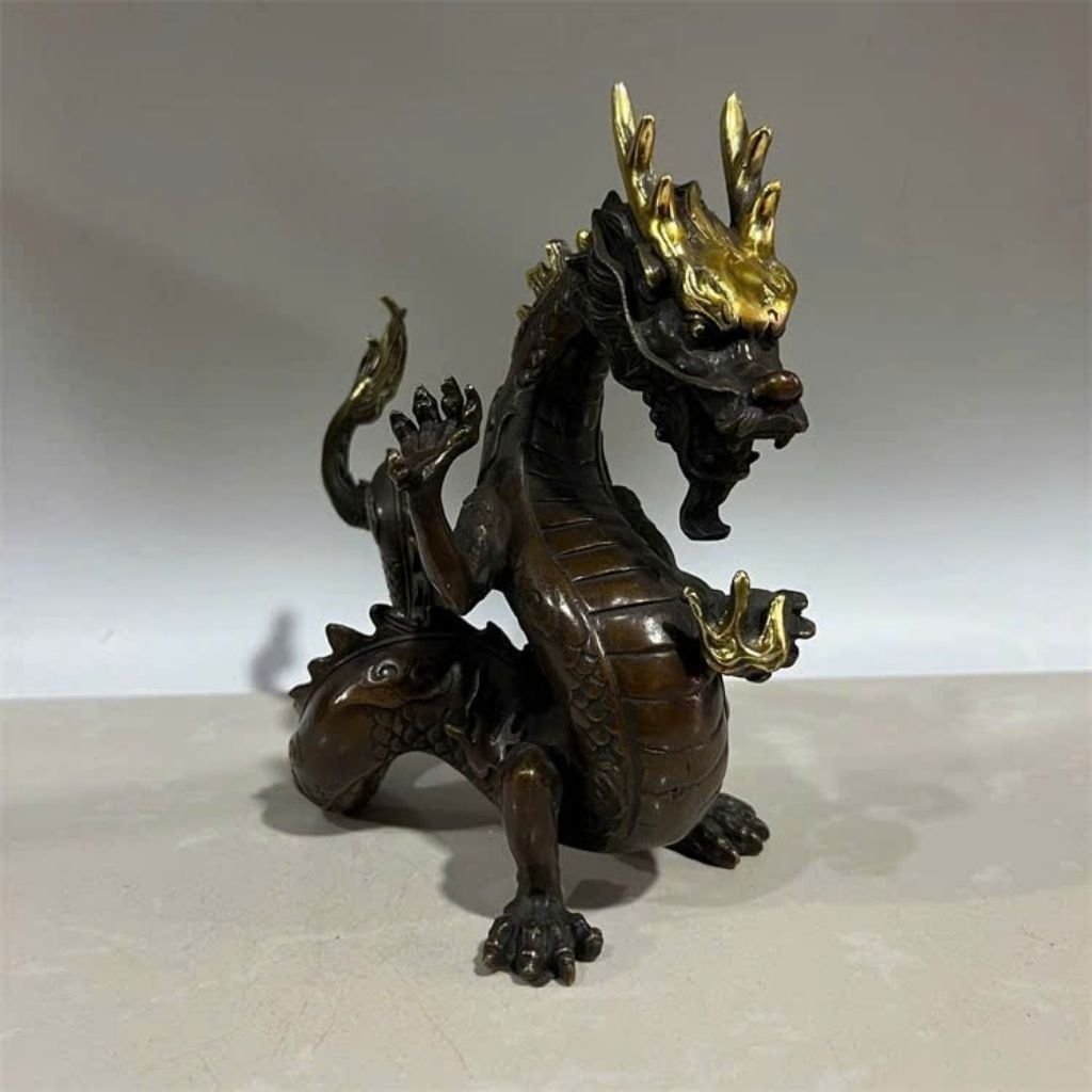  Tượng Đồng Rồng Phong Thủy Giả Cổ Dát Vàng Điểm BKMECN-10284 