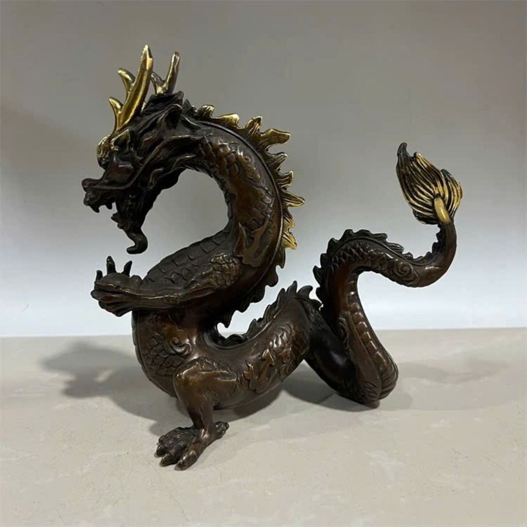  Tượng Đồng Rồng Phong Thủy Giả Cổ Dát Vàng Điểm BKMECN-10284 